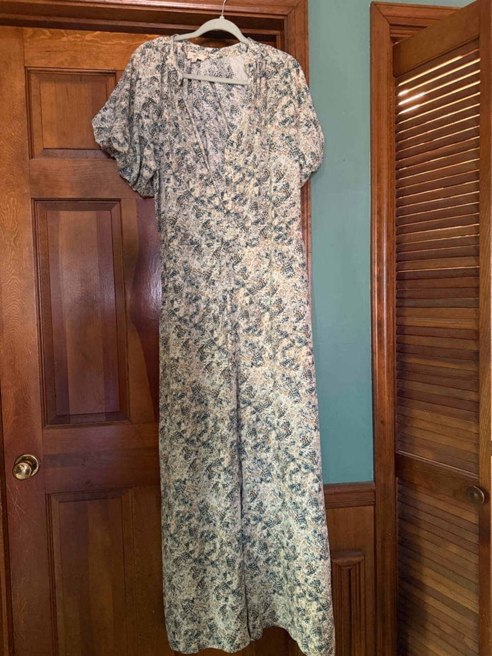 entro Cream and Green Abstract Faux Wrap-Front Wide-Leg Jumpsuit.